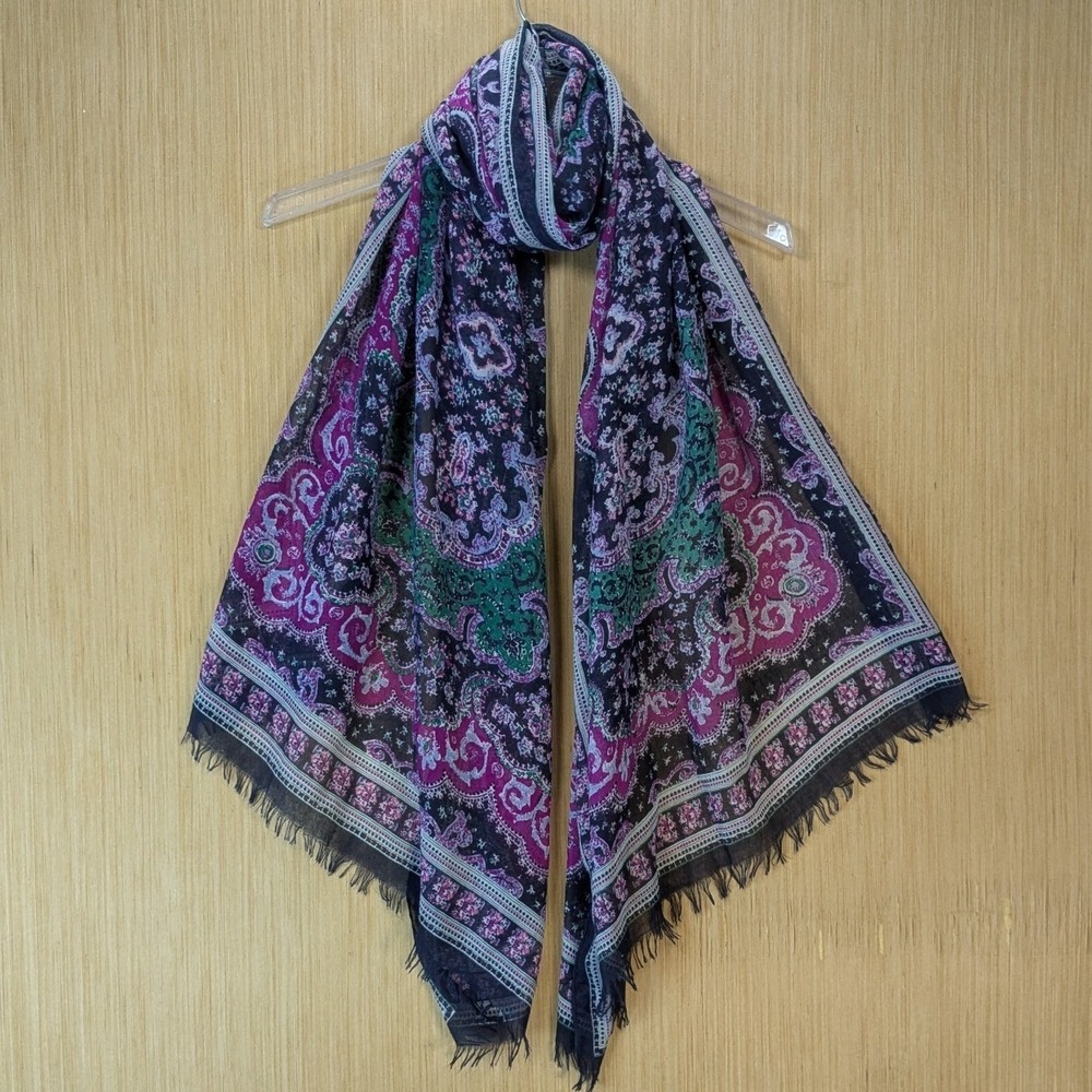 Tommy Hilfiger Womens Paisley Floral Scarf Boho Preppy‎ Navy Blue Fringed Wrap